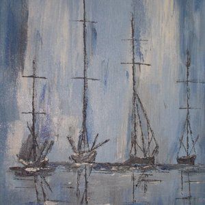 Vintage "Ships At Sea" oil painting, signed 11"x14" on stretched canvas